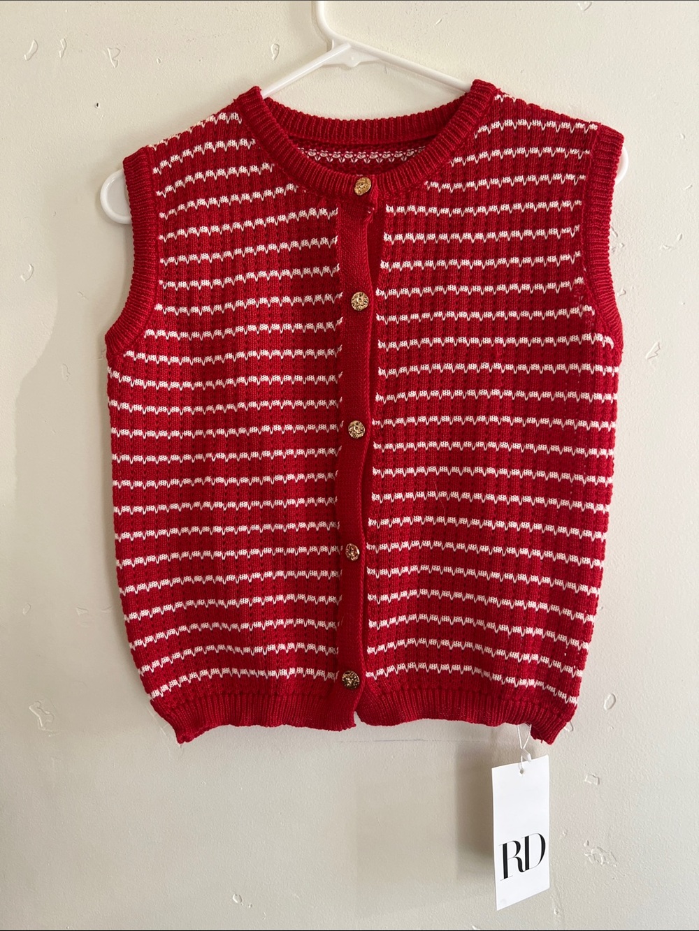 Red & White Striped Knit Button Front Vest